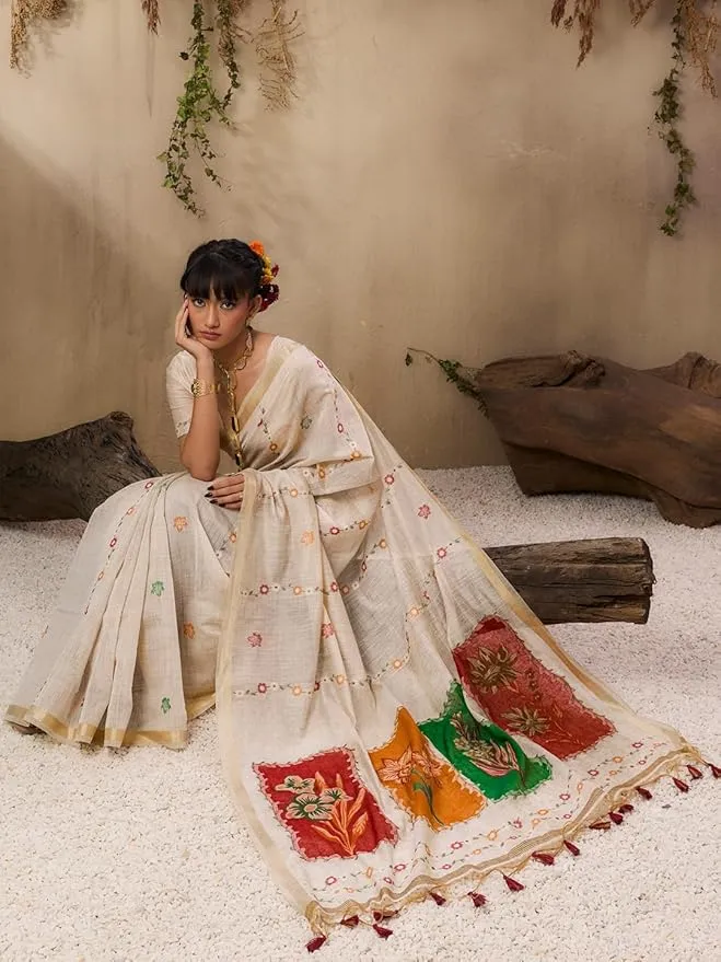 Off - White Premium Soft Muga Cotton Saree